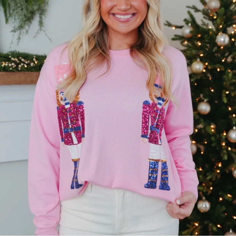 Adorable! Nutcracker pastel pink sequin Christmas sweater crew neck pullover 🎄